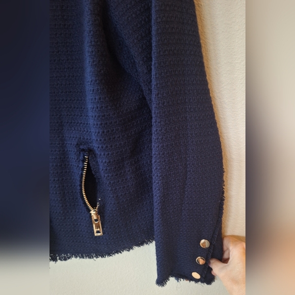NWT One Third Navy Tweed Fringe Zip/Snap Collarless Jacket Womens size L - Picture 5 of 9